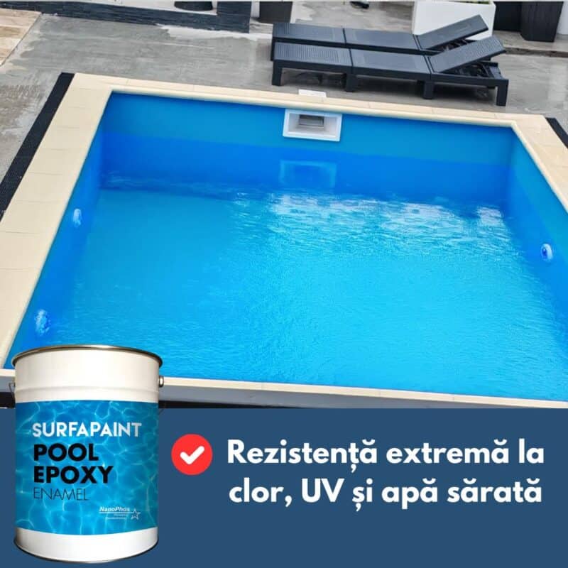 Piscină finisată cu vopsea epoxidică SurfaPaint pentru beton – albastru lucios, protecție UV și clo